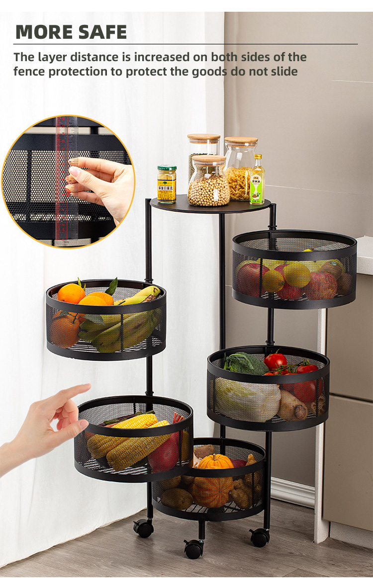 5 Layers Kitchen Rotating Shelf 360 Degree Baskets Fruit Vegetable Storage Rack Floor Round Shelf with Wheels